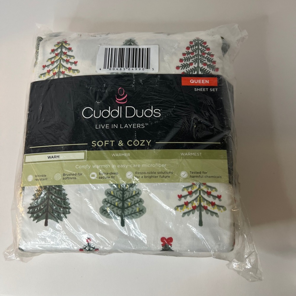 Cuddl Duds Brushed Queen Sheet Set Christmas Trees White Green Red NIP‎